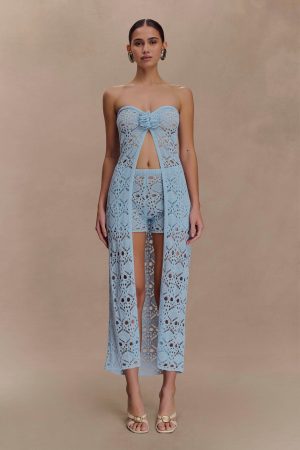 Aeline Strapless Crochet Knit Top - Sky Blue