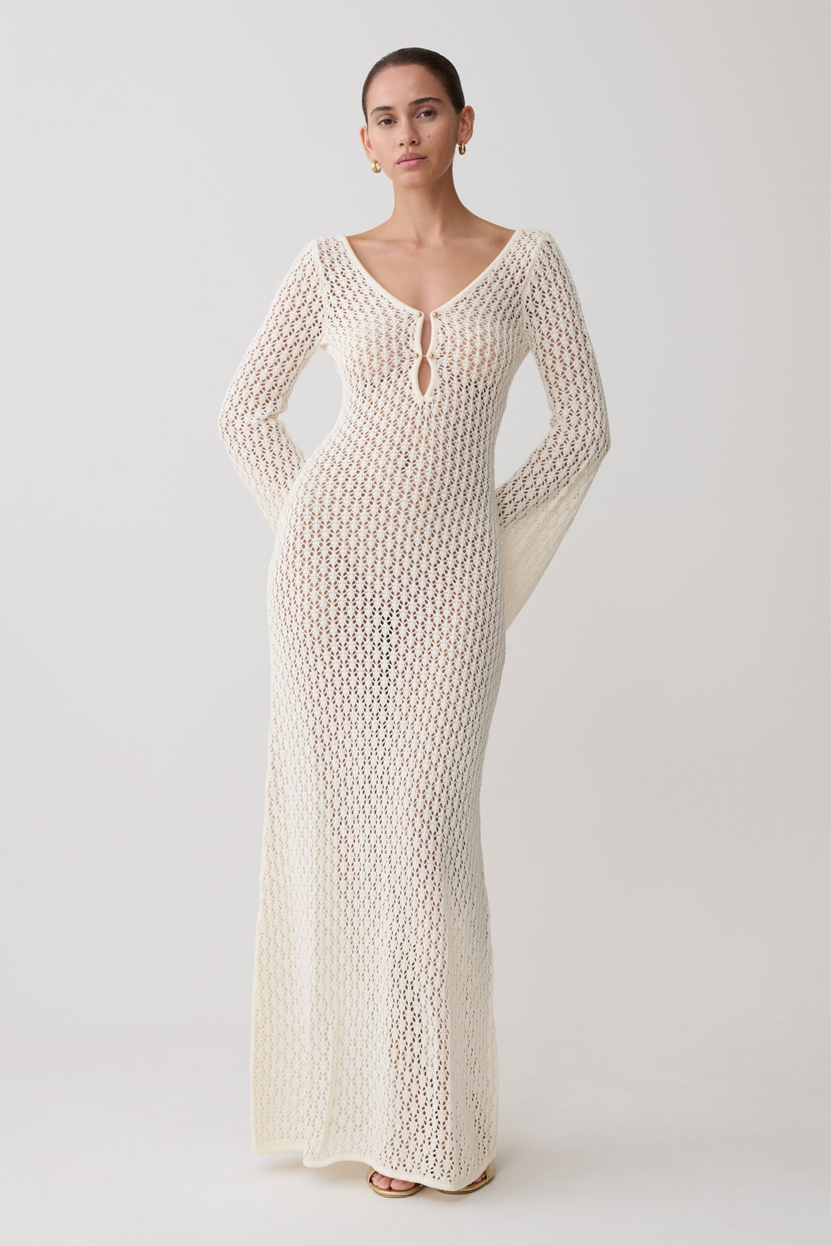Kayleigh Crochet Fishtail Flare Sleeve Maxi Dress - White - Image 4